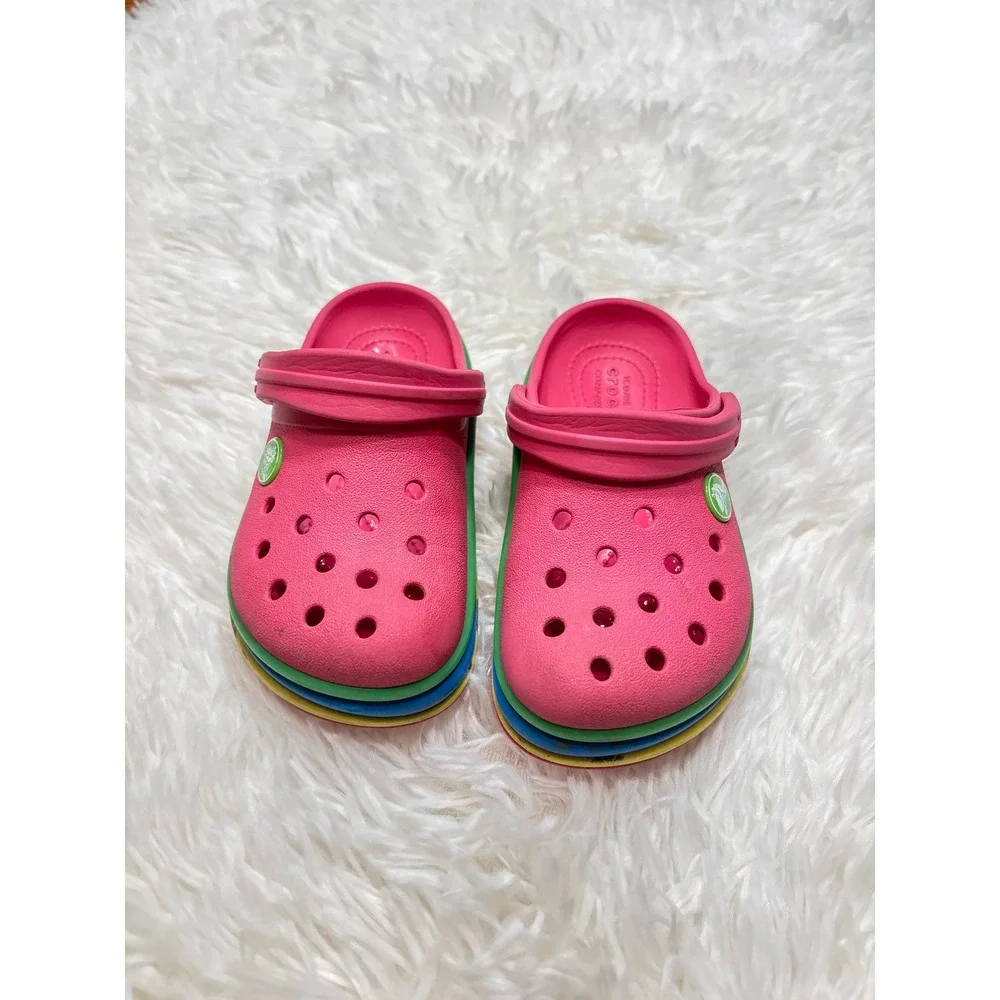 Crocs Kids Crocband Clog Pink Rainbow Stripe Sandals C10 Kids Shoes